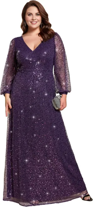 Ever-Pretty Women's A-Line V Neck Sheer Long Sleeves Plus Size Sequin Formal Dress 01999-DA