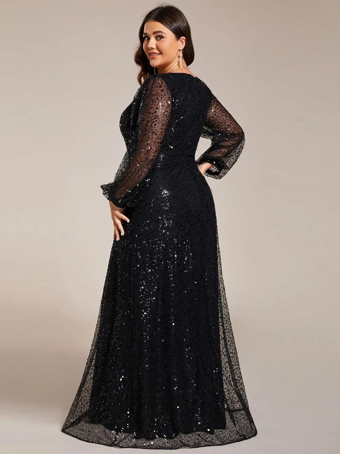 Ever-Pretty Women's A-Line V Neck Sheer Long Sleeves Plus Size Sequin Formal Dress 01999-DA