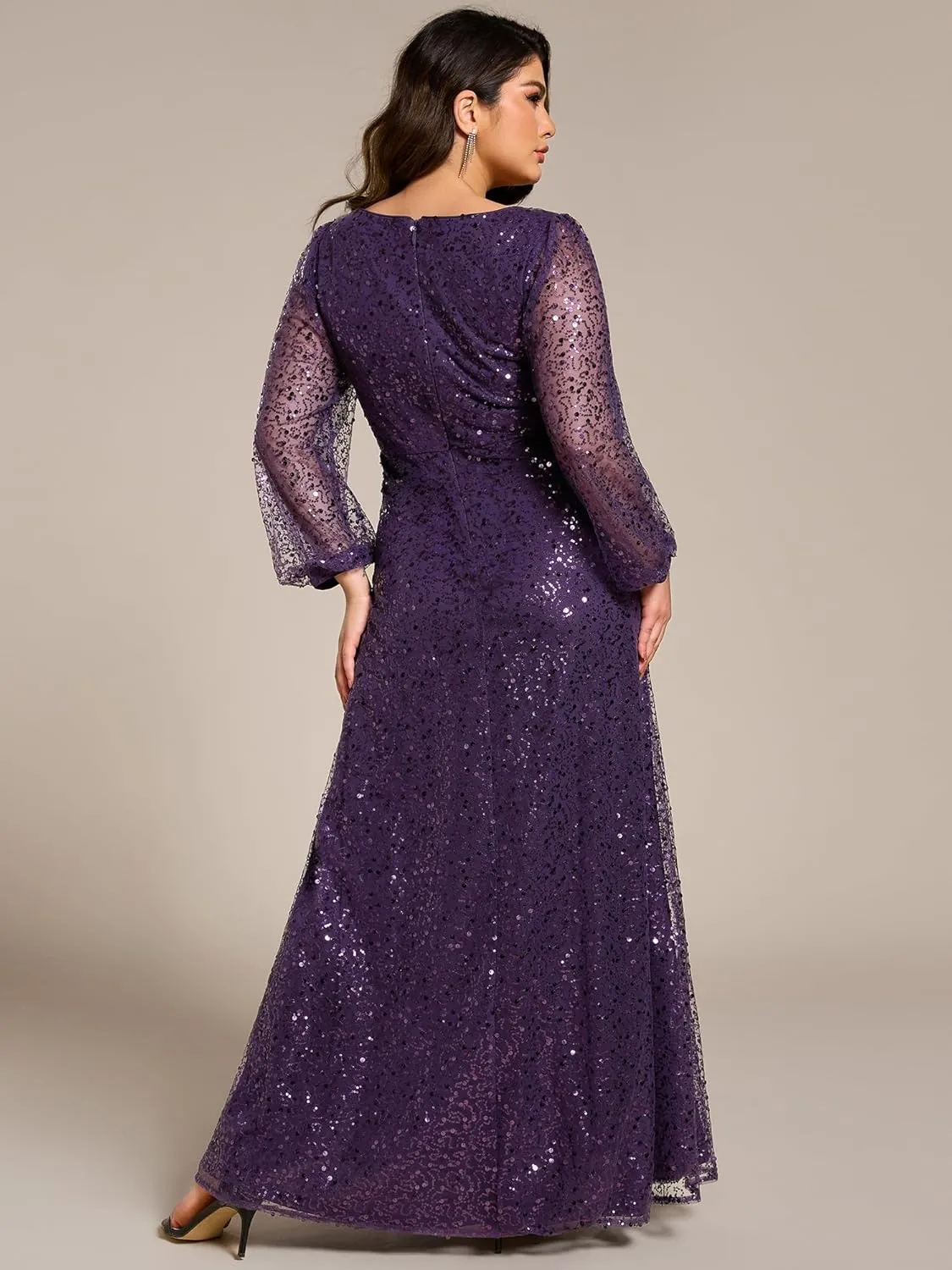 Ever-Pretty Women's A-Line V Neck Sheer Long Sleeves Plus Size Sequin Formal Dress 01999-DA