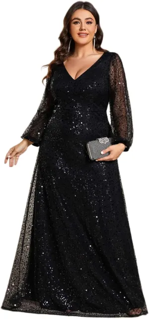 Ever-Pretty Women's A-Line V Neck Sheer Long Sleeves Plus Size Sequin Formal Dress 01999-DA