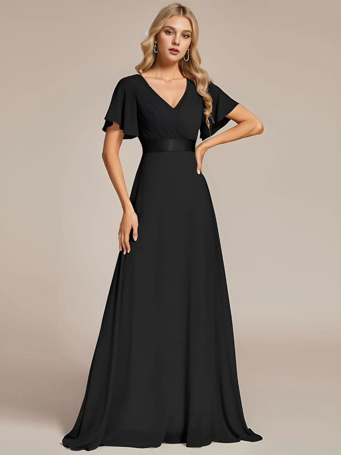 Ever-Pretty Women's Bridemaids Dress V Neck Short Sleeves A Line Chiffon Long Formal Dresses