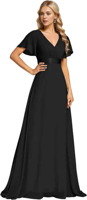 Ever-Pretty Women's Bridemaids Dress V Neck Short Sleeves A Line Chiffon Long Formal Dresses
