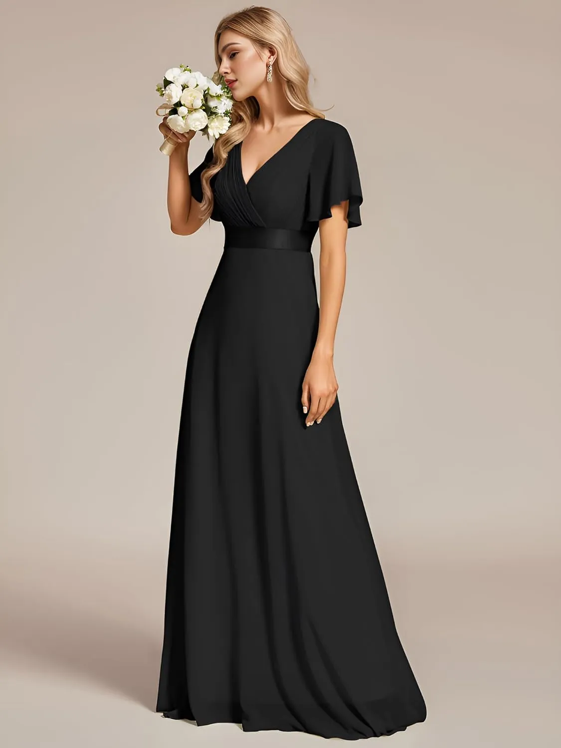 Ever-Pretty Women's Bridemaids Dress V Neck Short Sleeves A Line Chiffon Long Formal Dresses