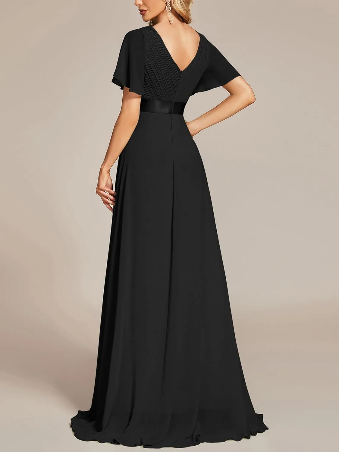 Ever-Pretty Women's Bridemaids Dress V Neck Short Sleeves A Line Chiffon Long Formal Dresses