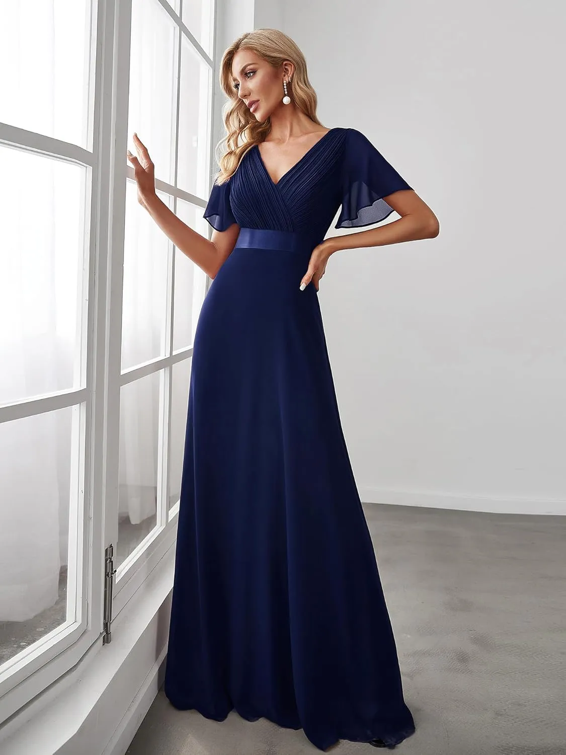 Ever-Pretty Women's Bridemaids Dress V Neck Short Sleeves A Line Chiffon Long Formal Dresses