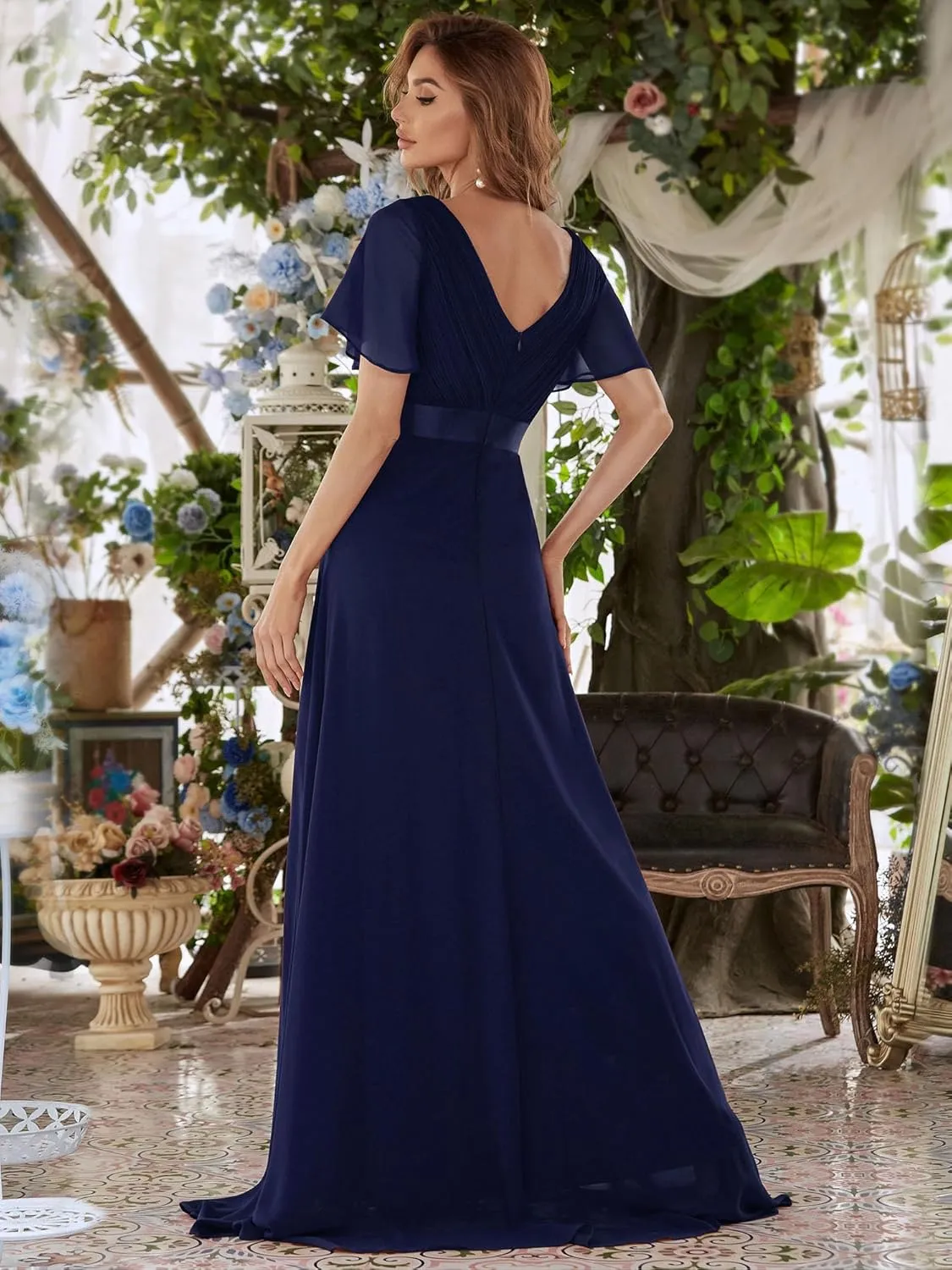 Ever-Pretty Women's Bridemaids Dress V Neck Short Sleeves A Line Chiffon Long Formal Dresses