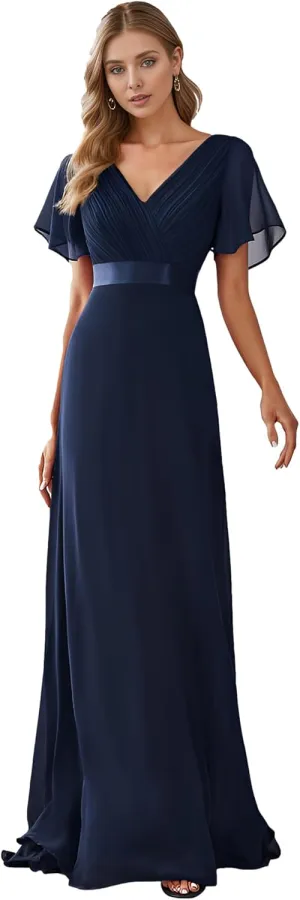 Ever-Pretty Women's Bridemaids Dress V Neck Short Sleeves A Line Chiffon Long Formal Dresses