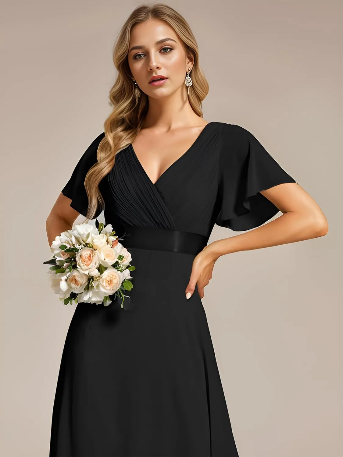 Ever-Pretty Women's Bridemaids Dress V Neck Short Sleeves A Line Chiffon Long Formal Dresses