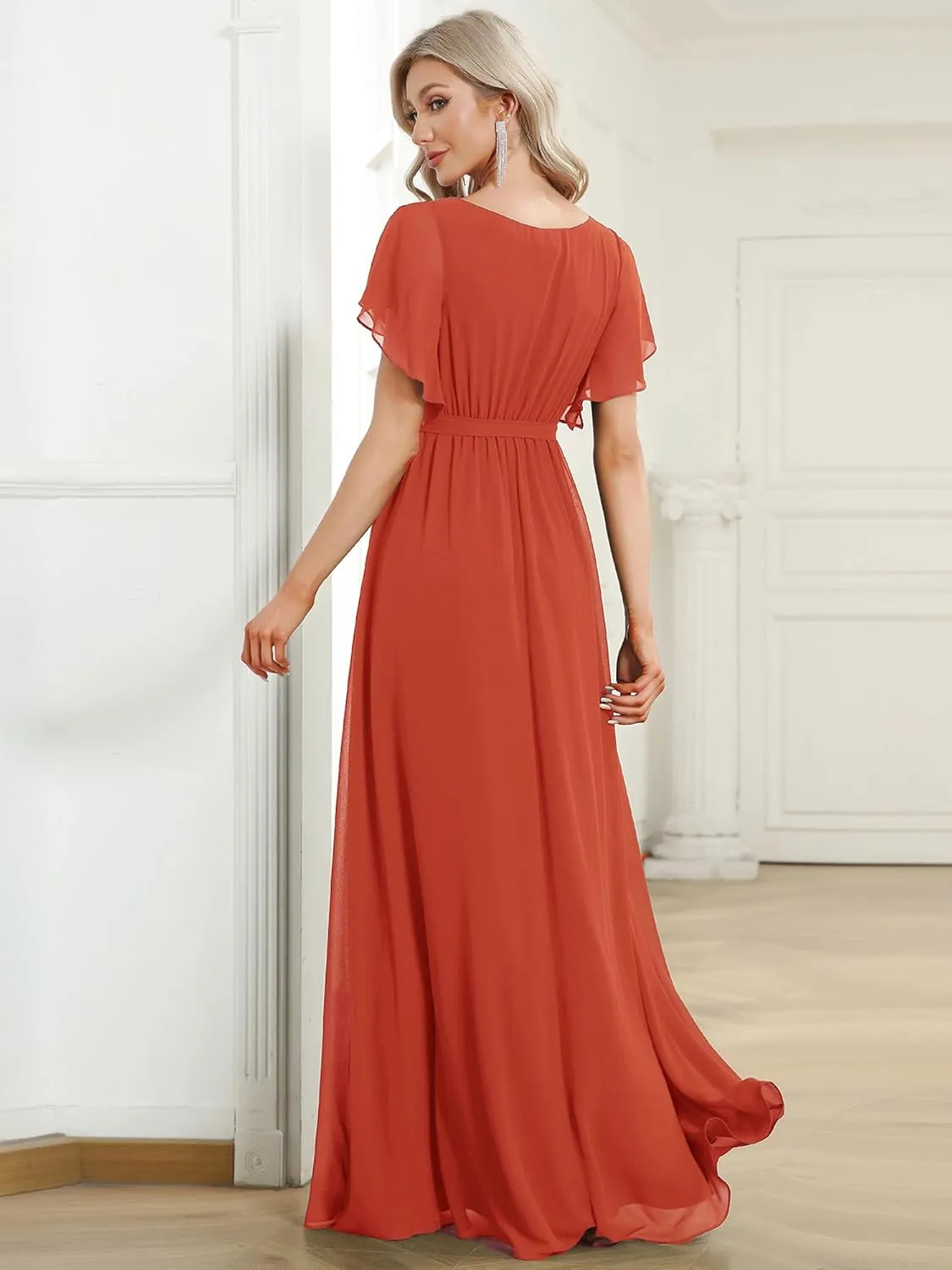 Ever-Pretty Women's Bridesmaid Dress V-Neck Ruffle Sleeves Ruched Bust Floor Length Chiffon Formal Dresses 0164A
