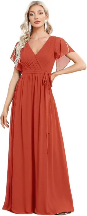 Ever-Pretty Women's Bridesmaid Dress V-Neck Ruffle Sleeves Ruched Bust Floor Length Chiffon Formal Dresses 0164A