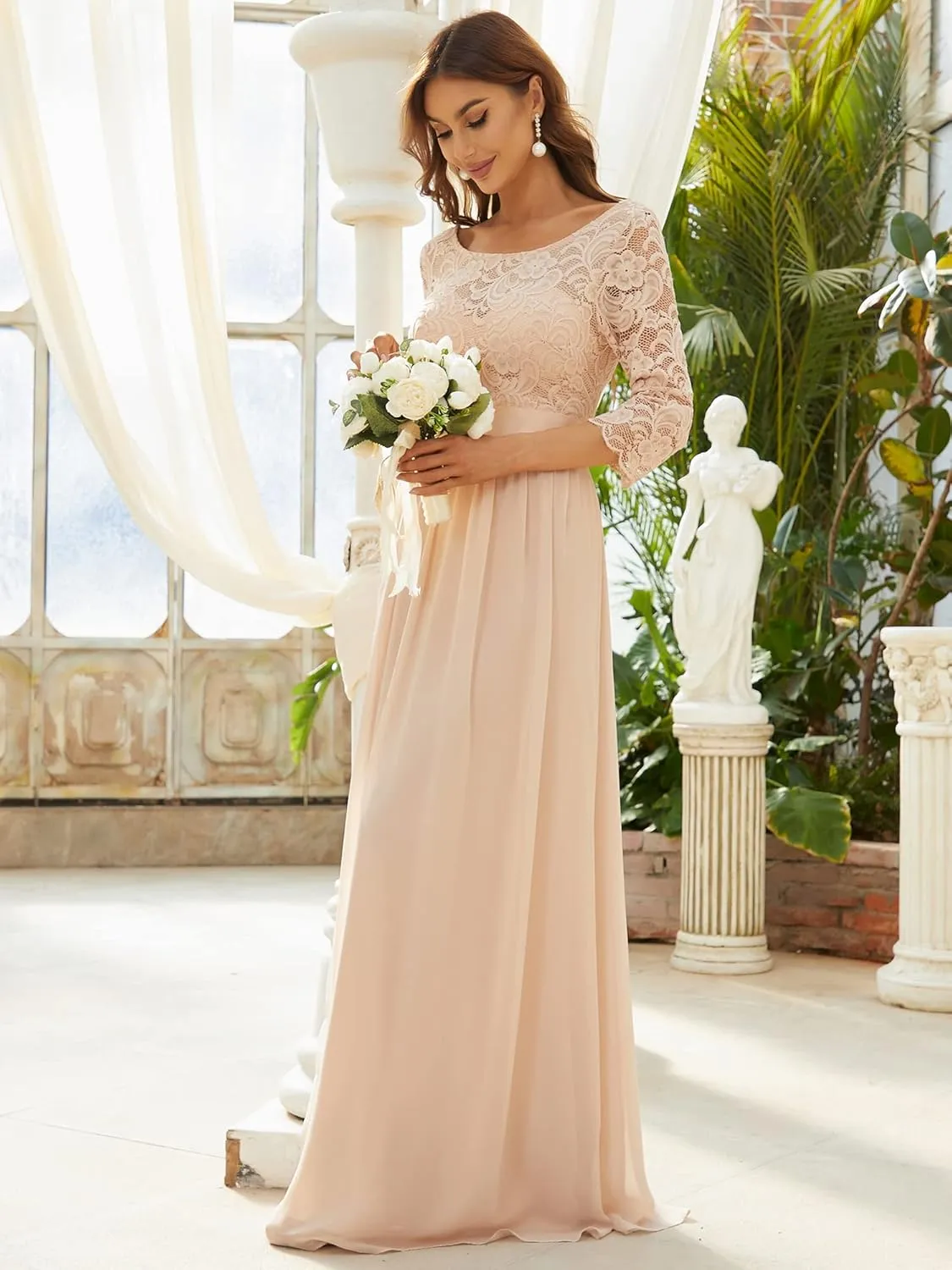 Ever-Pretty Women's Bridesmaid Dresses 3/4 Sleeve Empire Waist Maxi Mother of The Bride Dresses 07412
