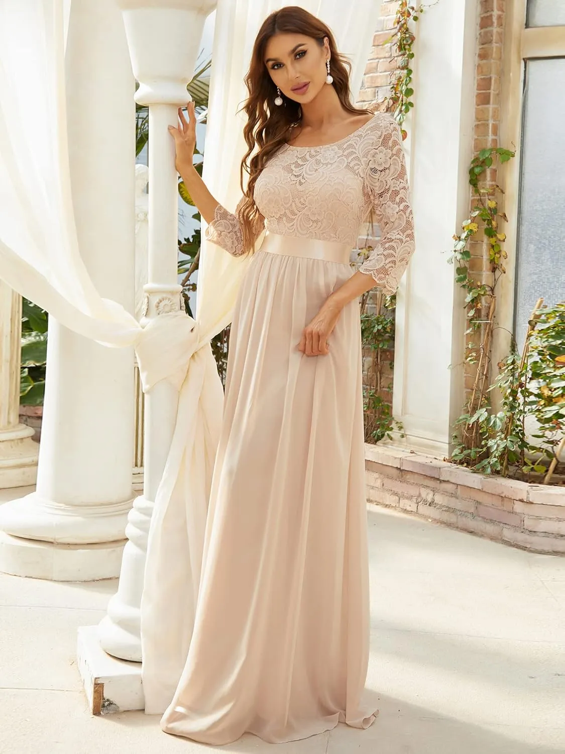Ever-Pretty Women's Bridesmaid Dresses 3/4 Sleeve Empire Waist Maxi Mother of The Bride Dresses 07412