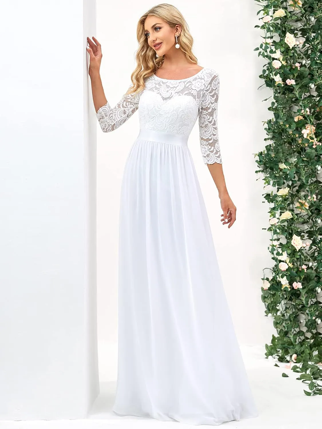 Ever-Pretty Women's Bridesmaid Dresses 3/4 Sleeve Empire Waist Maxi Mother of The Bride Dresses 07412