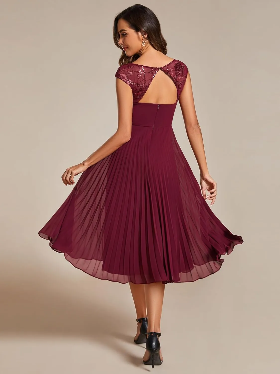 Ever-Pretty Women's Cap Sleeves A Line Crew Neck Embroidery Chiffon Pleated Wedding Guest Dresses 02095