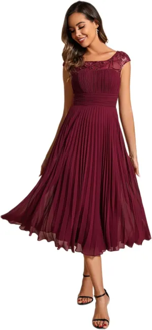 Ever-Pretty Women's Cap Sleeves A Line Crew Neck Embroidery Chiffon Pleated Wedding Guest Dresses 02095