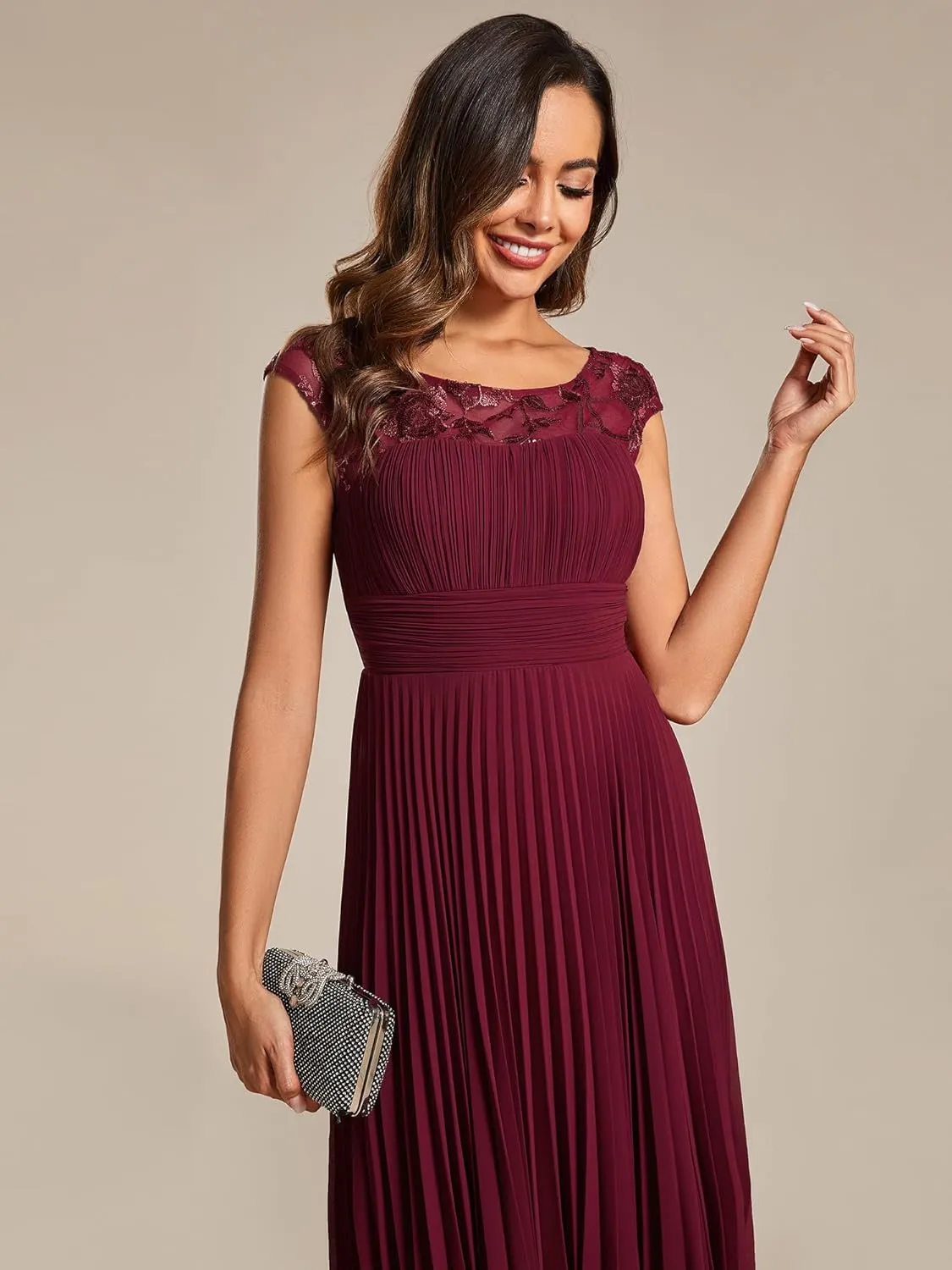 Ever-Pretty Women's Cap Sleeves A Line Crew Neck Embroidery Chiffon Pleated Wedding Guest Dresses 02095