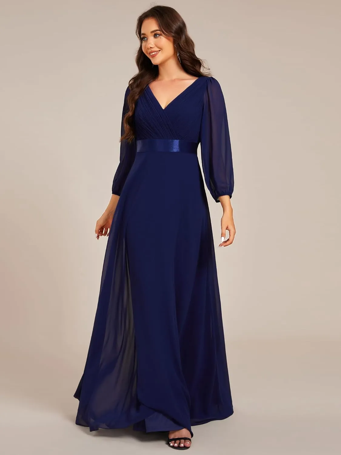 Ever-Pretty Women's Chiffon A-Line Floor Length V Neck Long Sleeves Pleated Maxi Formal Dress 03890