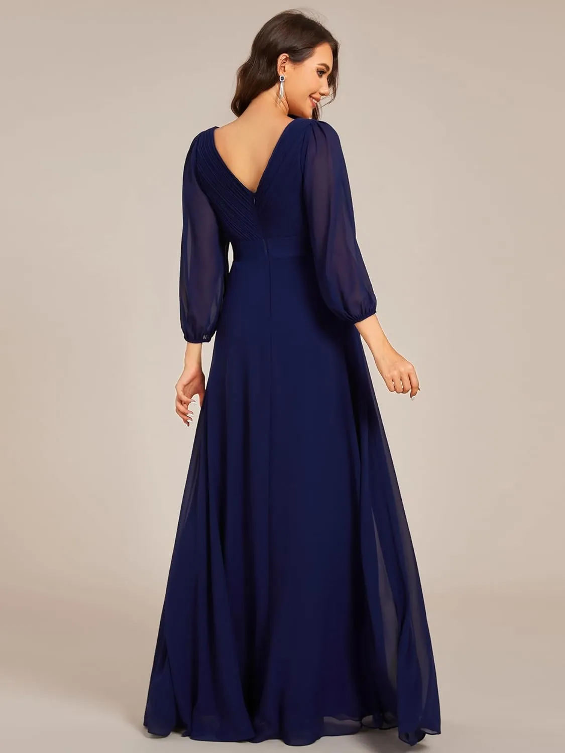 Ever-Pretty Women's Chiffon A-Line Floor Length V Neck Long Sleeves Pleated Maxi Formal Dress 03890