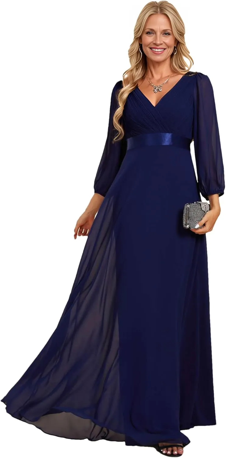 Ever-Pretty Women's Chiffon A-Line Floor Length V Neck Long Sleeves Pleated Maxi Formal Dress 03890