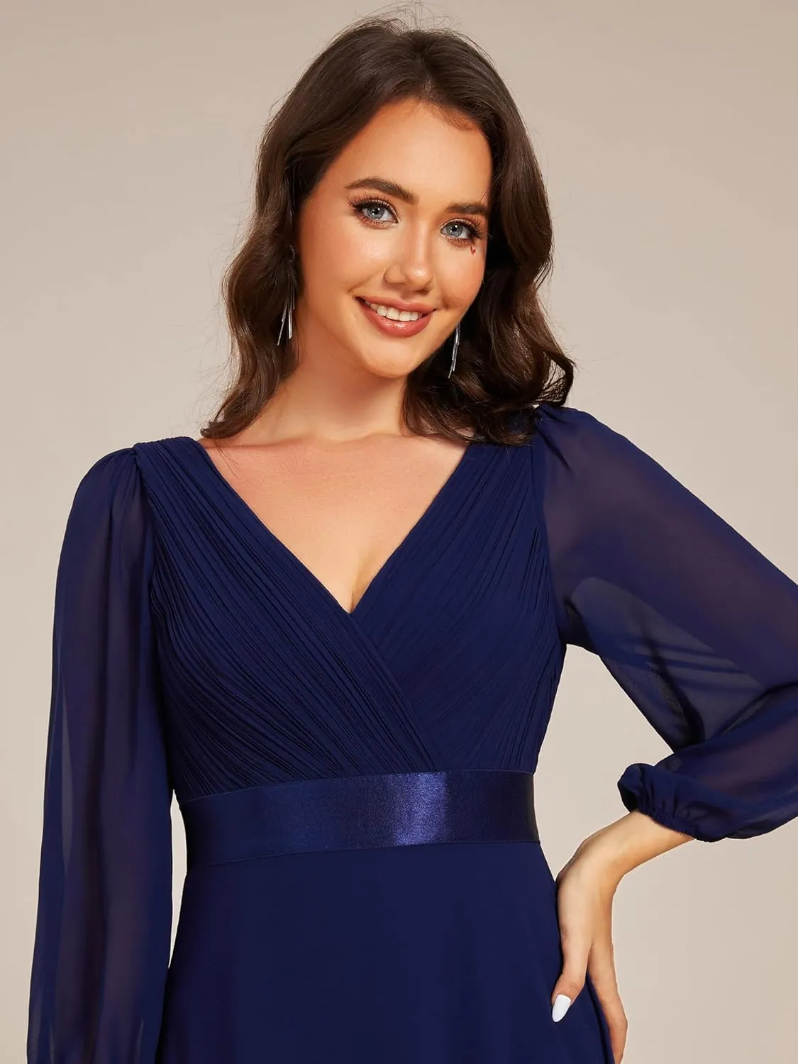 Ever-Pretty Women's Chiffon A-Line Floor Length V Neck Long Sleeves Pleated Maxi Formal Dress 03890