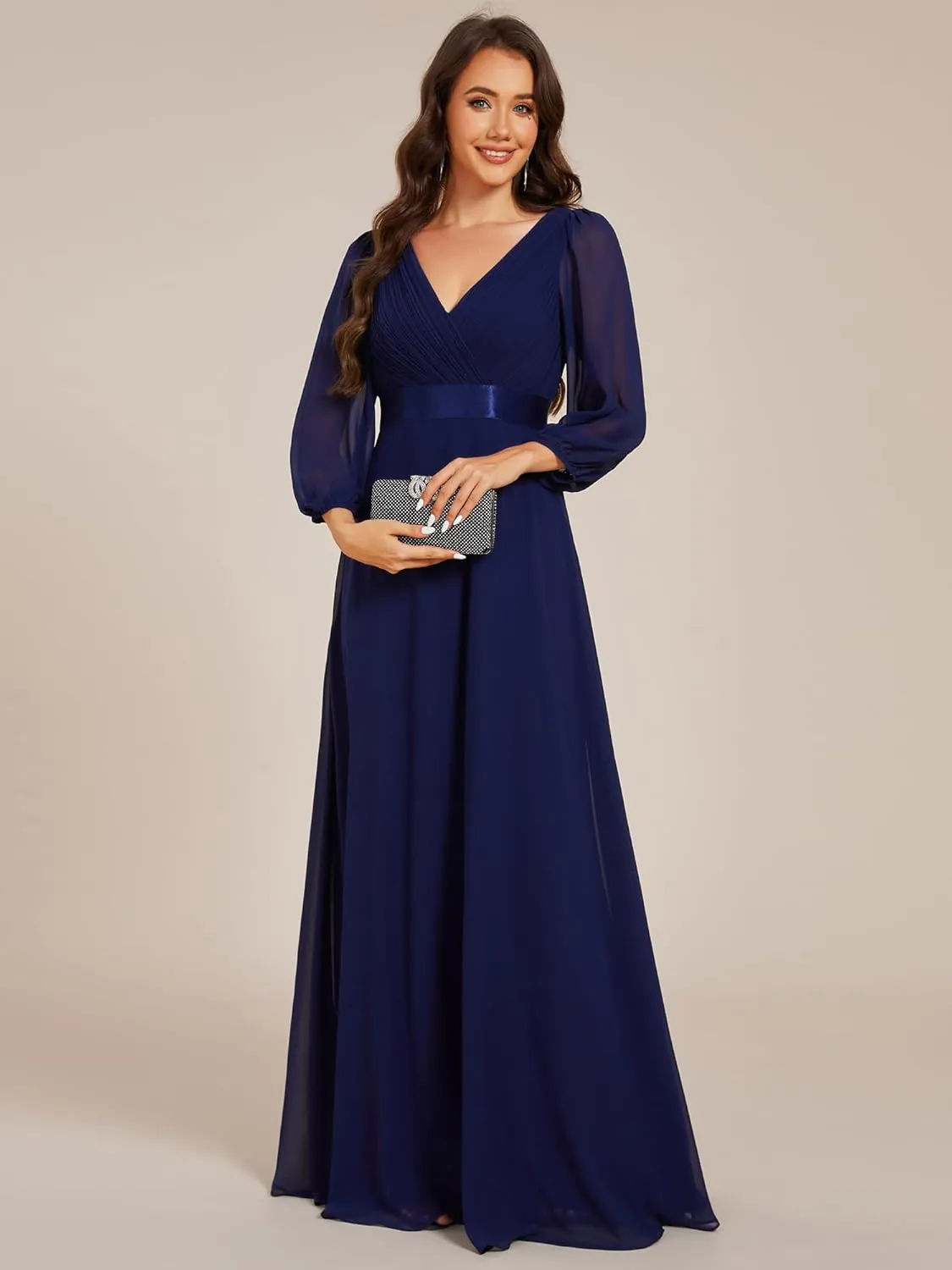 Ever-Pretty Women's Chiffon A-Line Floor Length V Neck Long Sleeves Pleated Maxi Formal Dress 03890