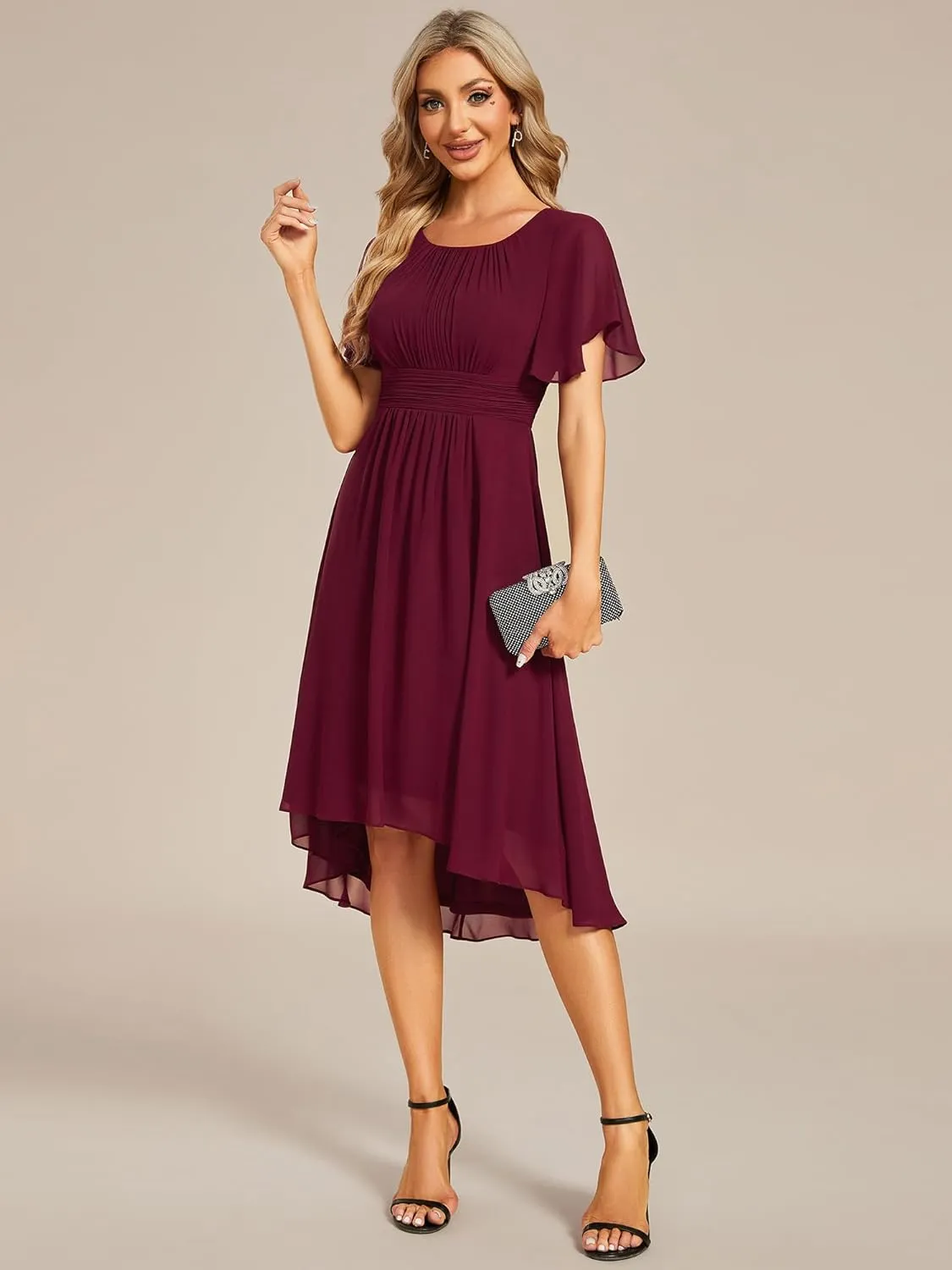 Ever-Pretty Women's Chiffon Crew Neck Pleated Waist Short Sleeve Wedding Guest Dress 02053