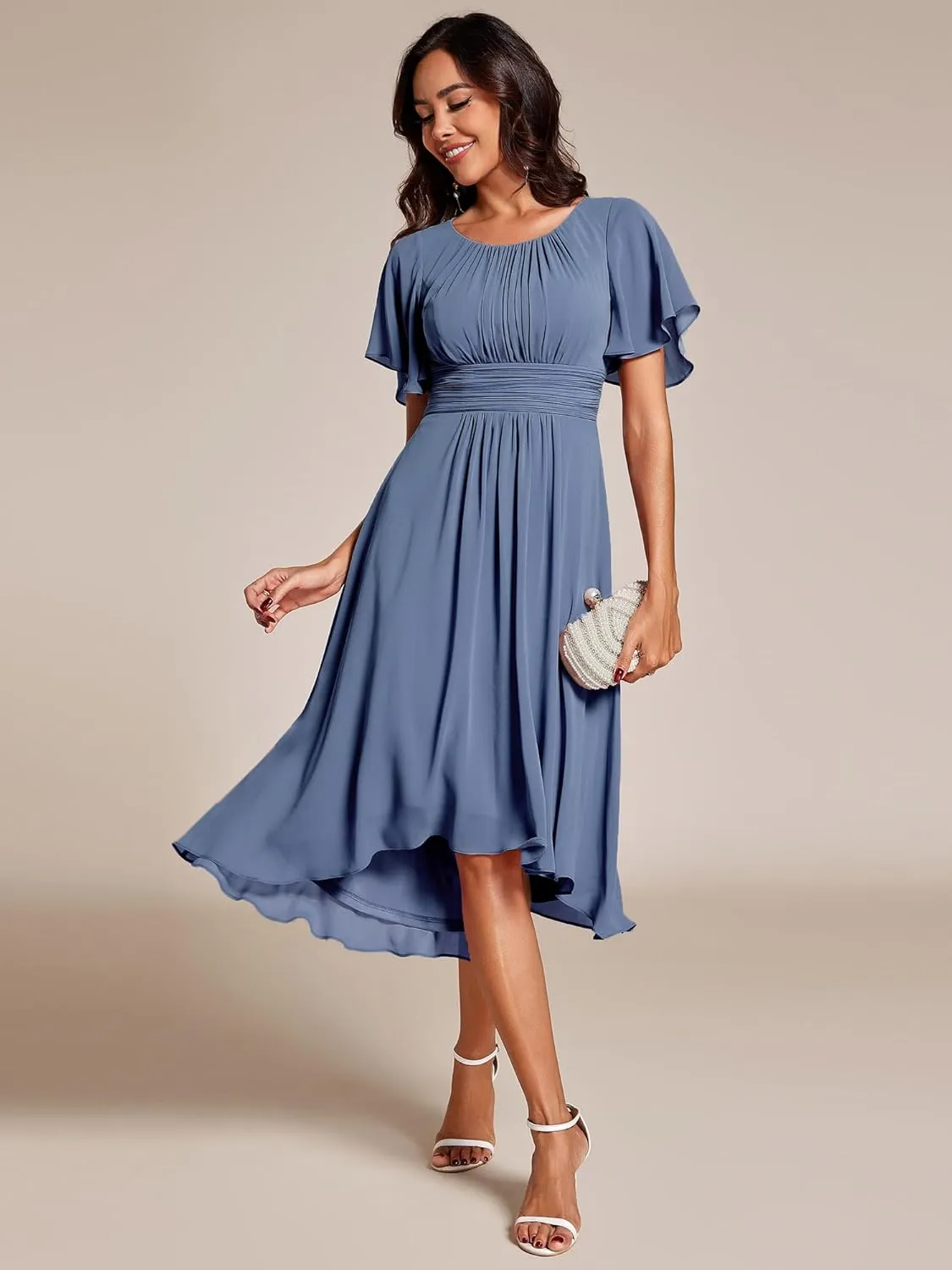 Ever-Pretty Women's Chiffon Crew Neck Pleated Waist Short Sleeve Wedding Guest Dress 02053