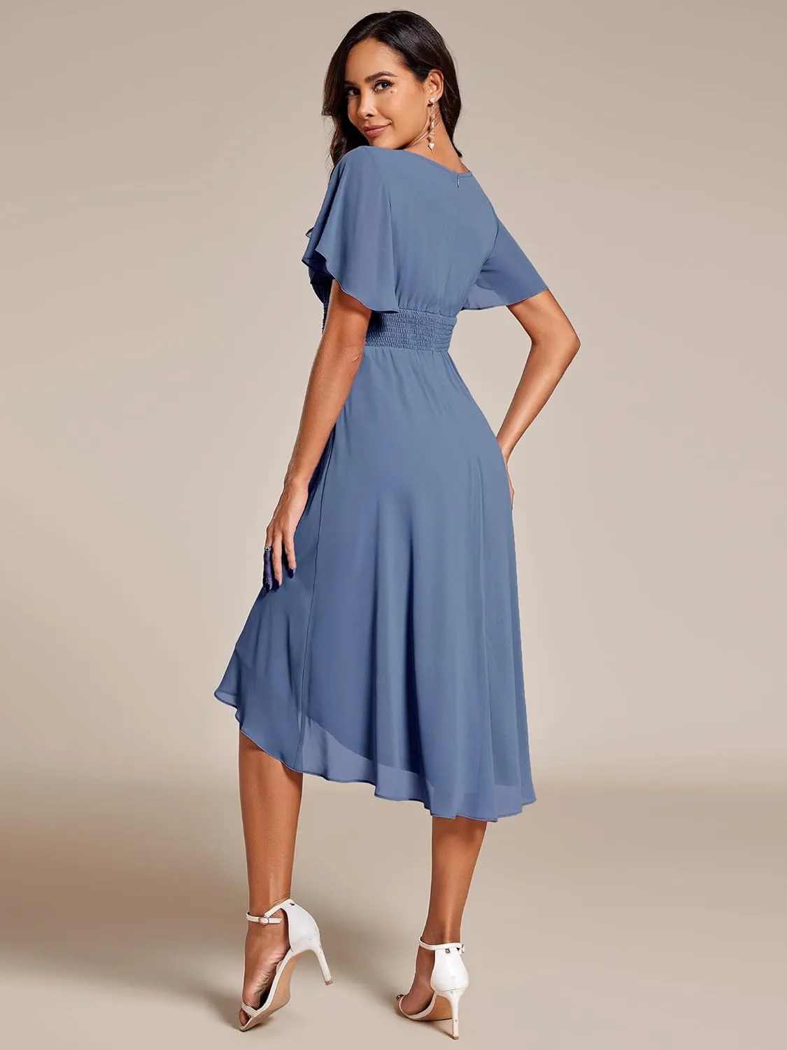 Ever-Pretty Women's Chiffon Crew Neck Pleated Waist Short Sleeve Wedding Guest Dress 02053