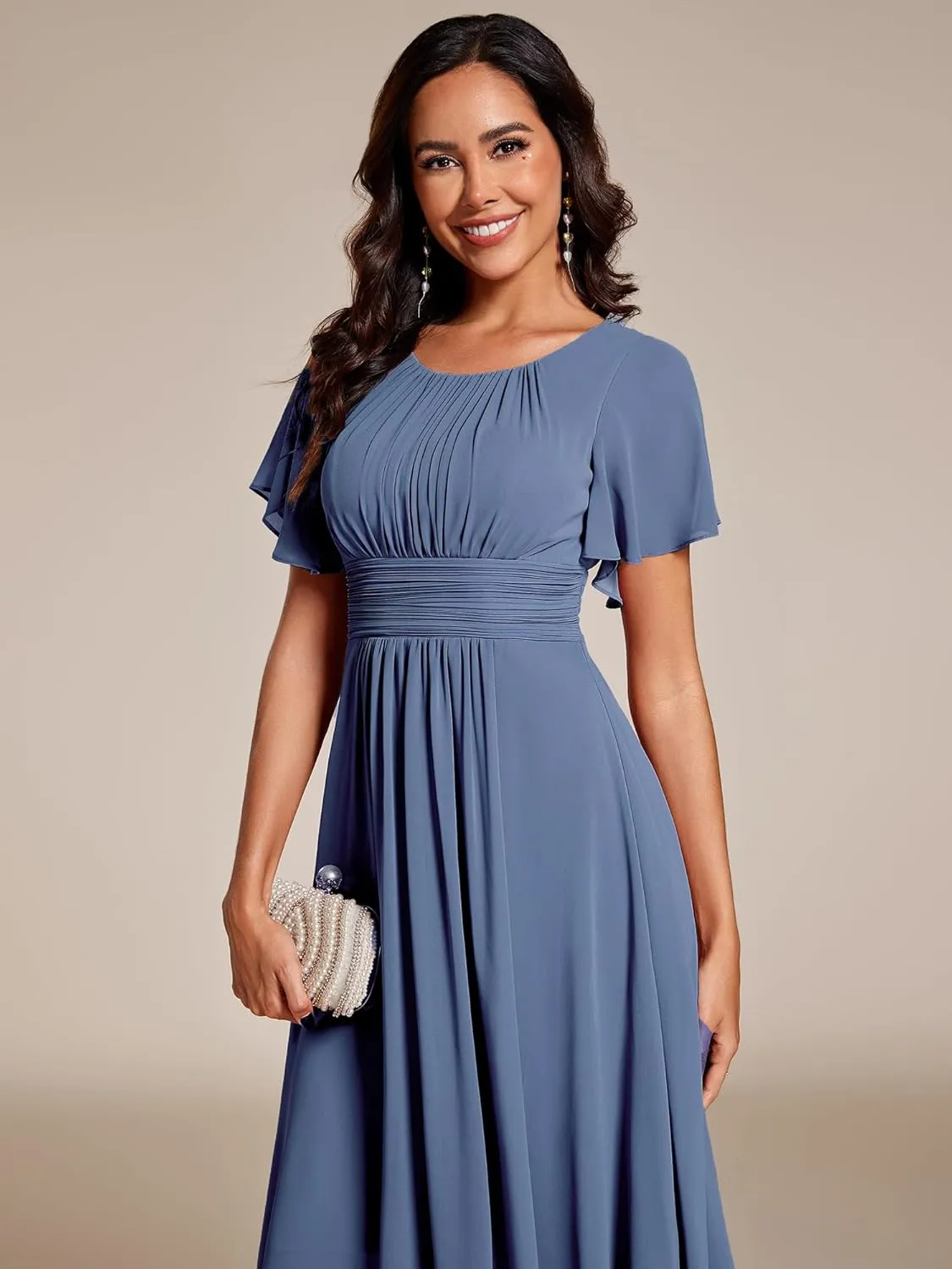 Ever-Pretty Women's Chiffon Crew Neck Pleated Waist Short Sleeve Wedding Guest Dress 02053