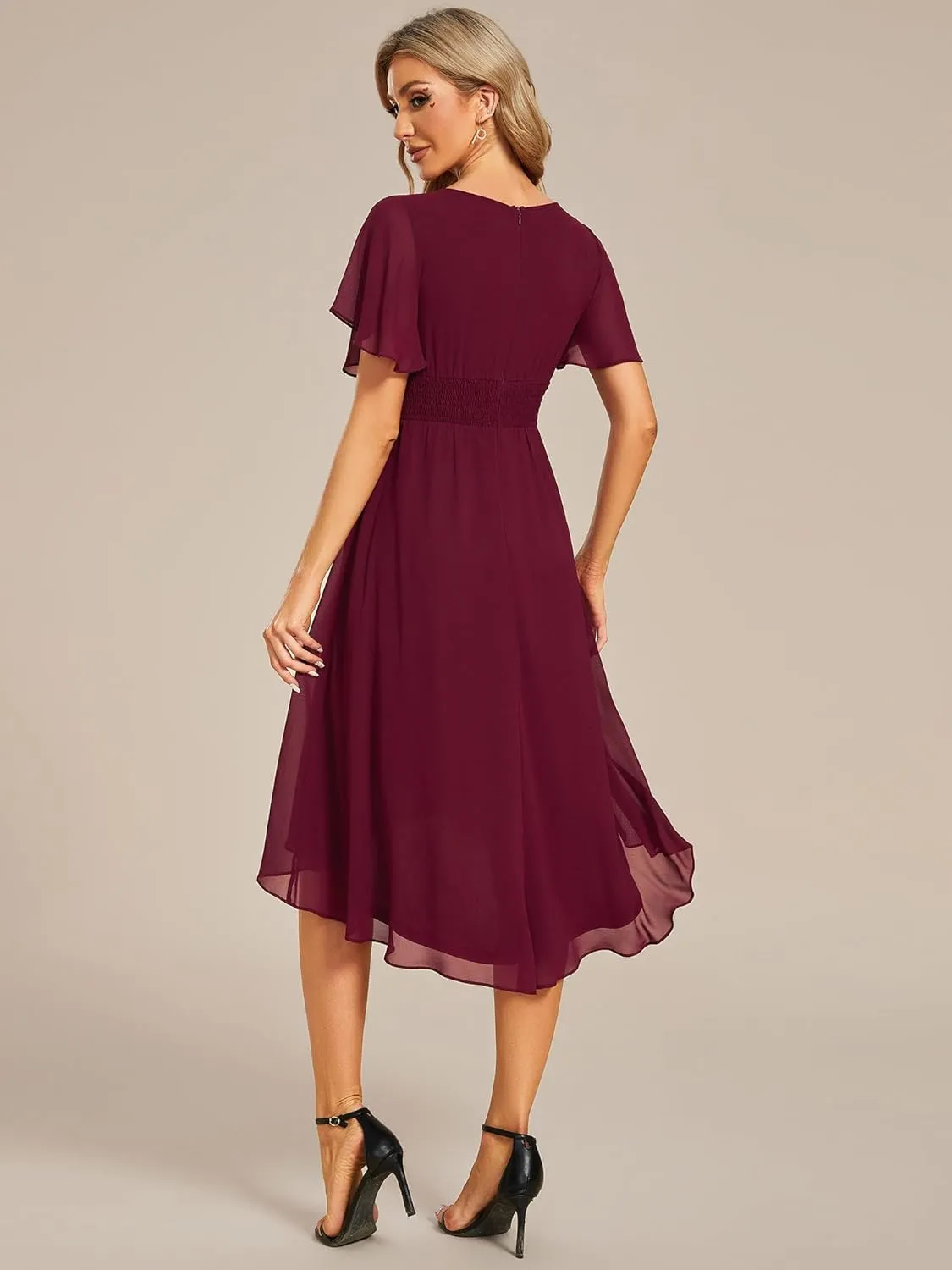 Ever-Pretty Women's Chiffon Crew Neck Pleated Waist Short Sleeve Wedding Guest Dress 02053