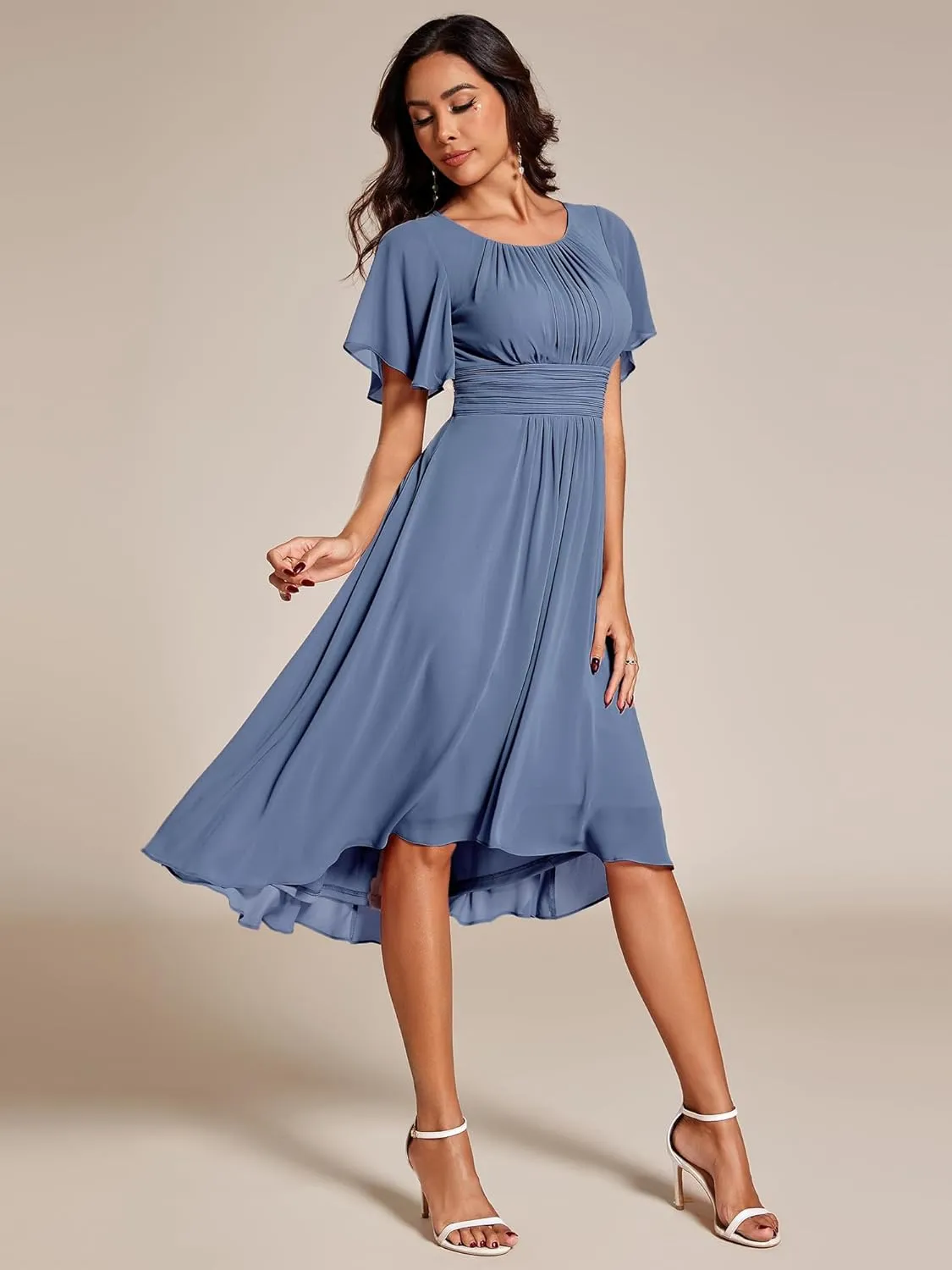 Ever-Pretty Women's Chiffon Crew Neck Pleated Waist Short Sleeve Wedding Guest Dress 02053