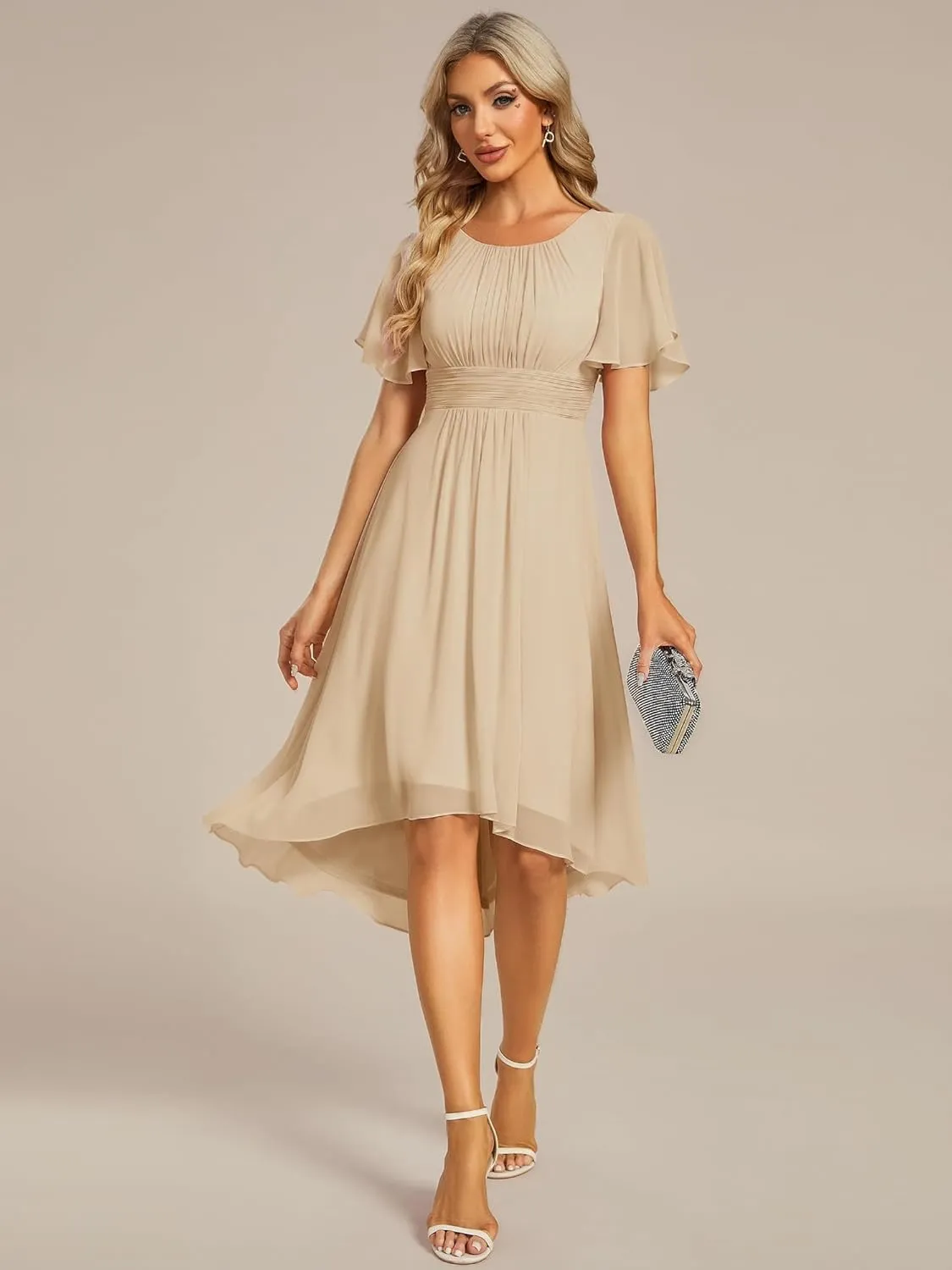 Ever-Pretty Women's Chiffon Crew Neck Pleated Waist Short Sleeve Wedding Guest Dress 02053