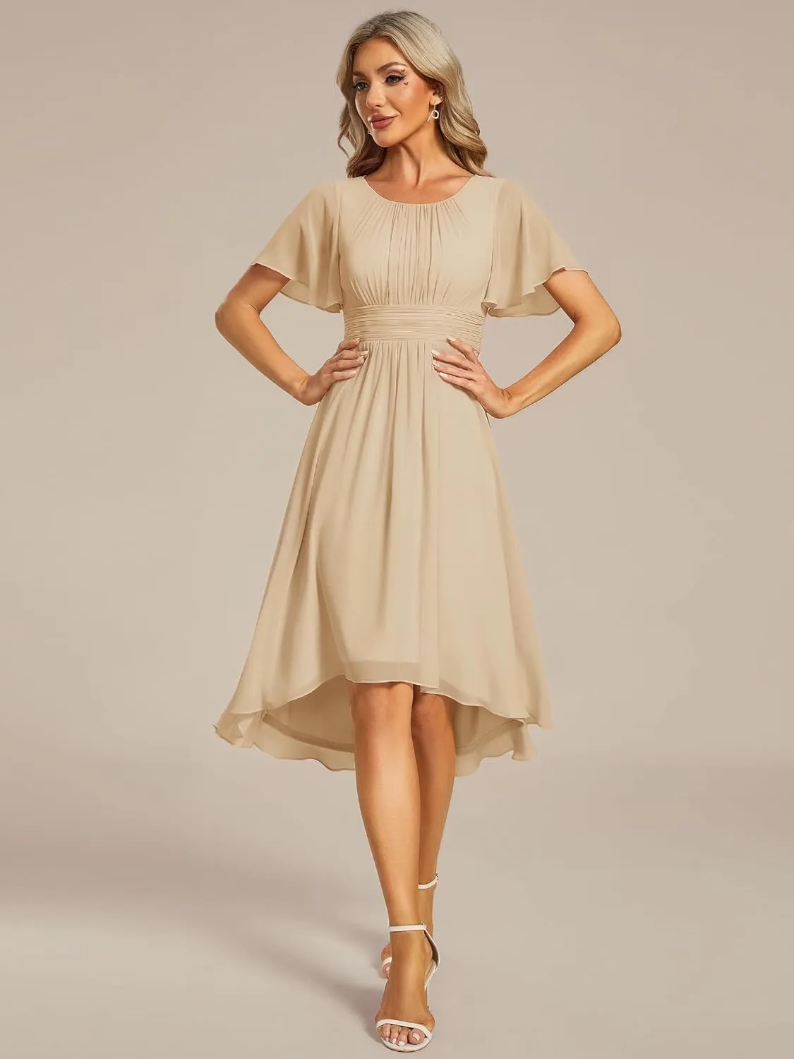 Ever-Pretty Women's Chiffon Crew Neck Pleated Waist Short Sleeve Wedding Guest Dress 02053