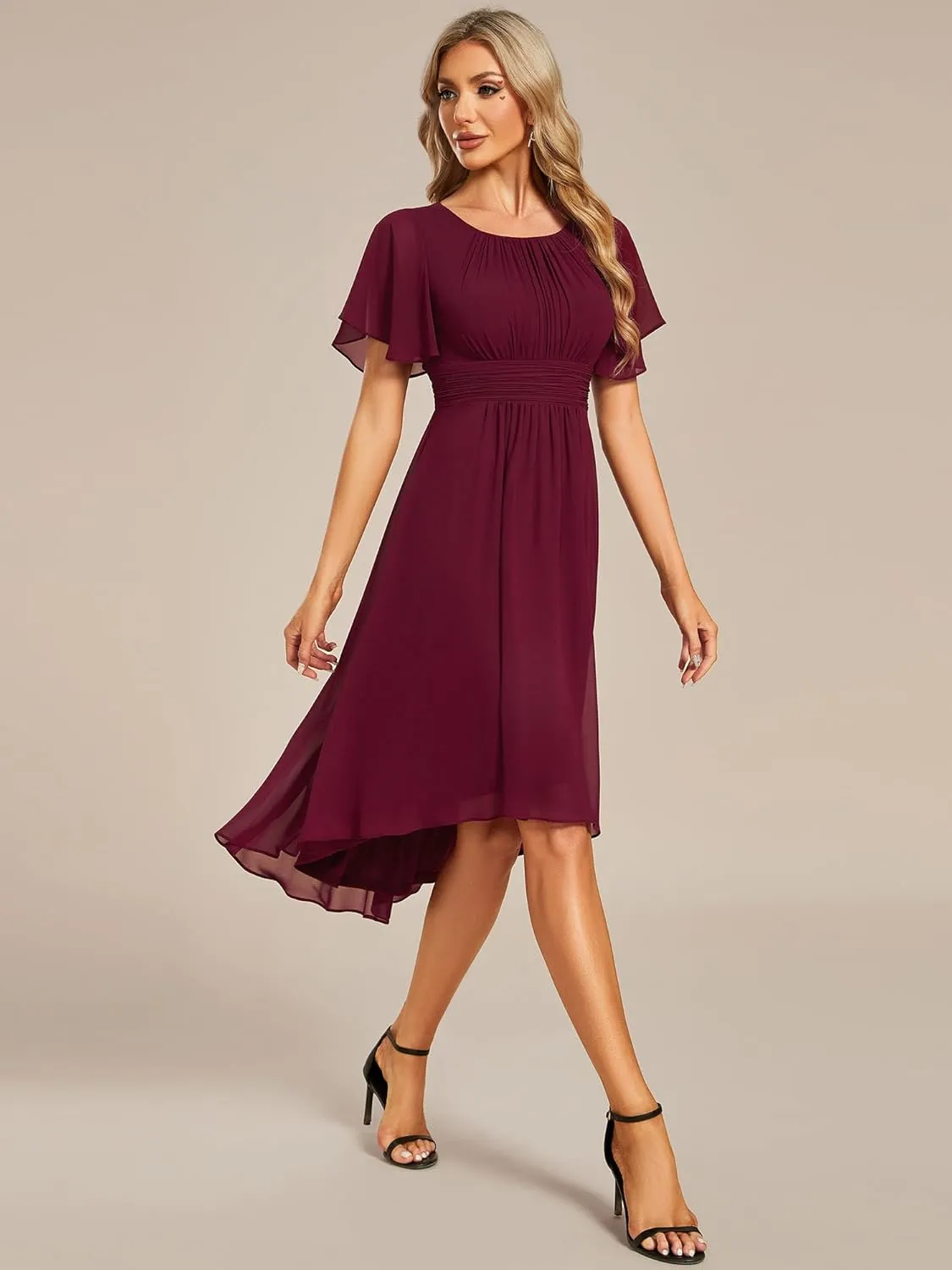 Ever-Pretty Women's Chiffon Crew Neck Pleated Waist Short Sleeve Wedding Guest Dress 02053