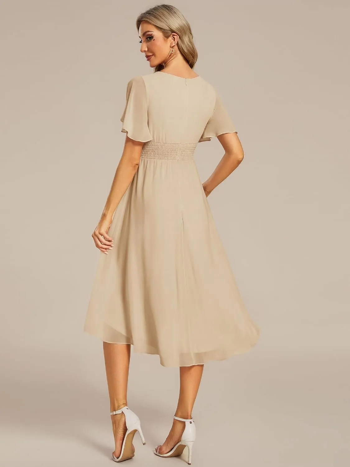 Ever-Pretty Women's Chiffon Crew Neck Pleated Waist Short Sleeve Wedding Guest Dress 02053