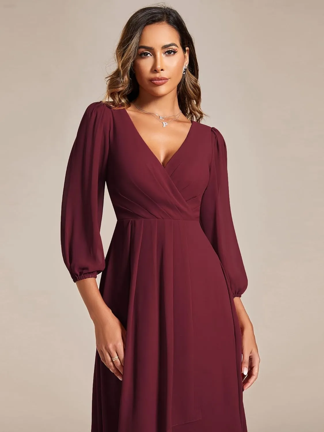 Ever-Pretty Women's Chiffon V Neck Long Sleeves Pleated A-Line Midi Length Wedding Guest Dress 01926
