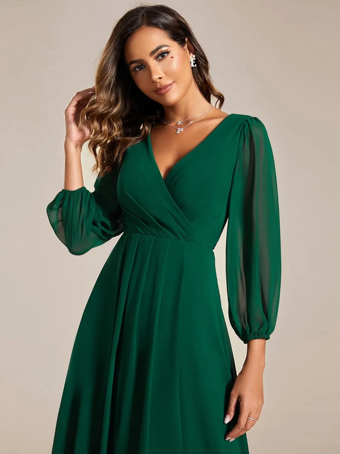 Ever-Pretty Women's Chiffon V Neck Long Sleeves Pleated A-Line Midi Length Wedding Guest Dress 01926