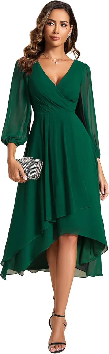 Ever-Pretty Women's Chiffon V Neck Long Sleeves Pleated A-Line Midi Length Wedding Guest Dress 01926