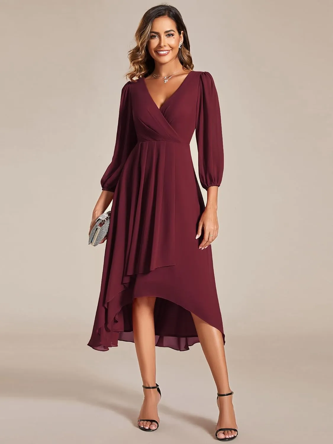 Ever-Pretty Women's Chiffon V Neck Long Sleeves Pleated A-Line Midi Length Wedding Guest Dress 01926