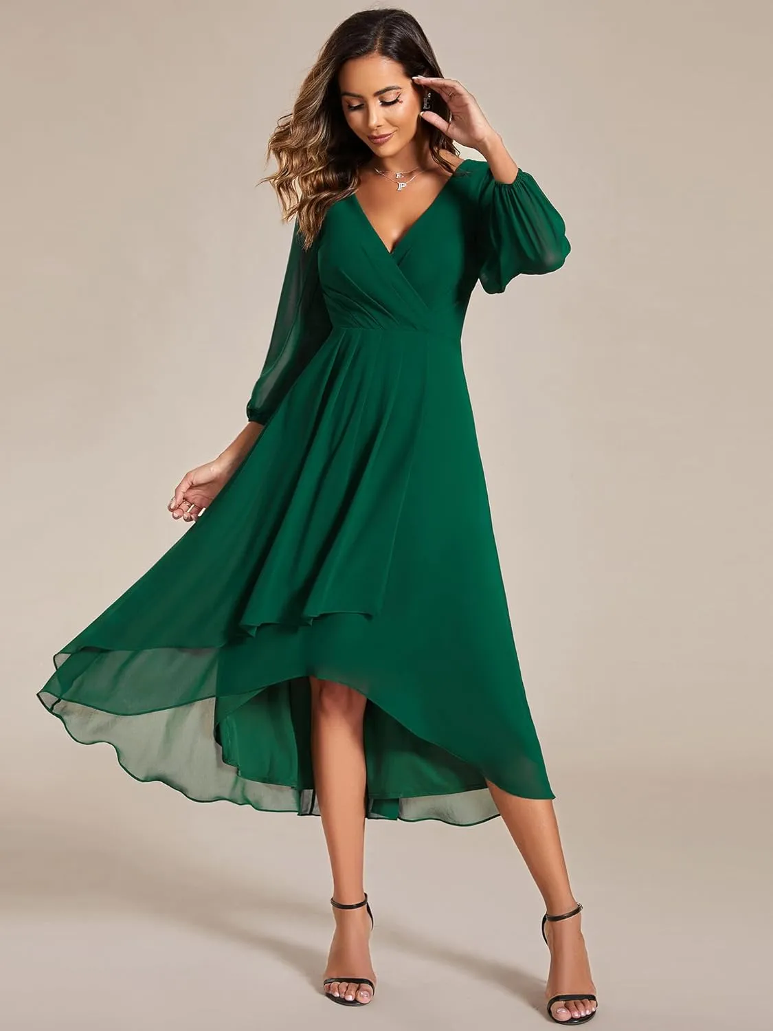 Ever-Pretty Women's Chiffon V Neck Long Sleeves Pleated A-Line Midi Length Wedding Guest Dress 01926