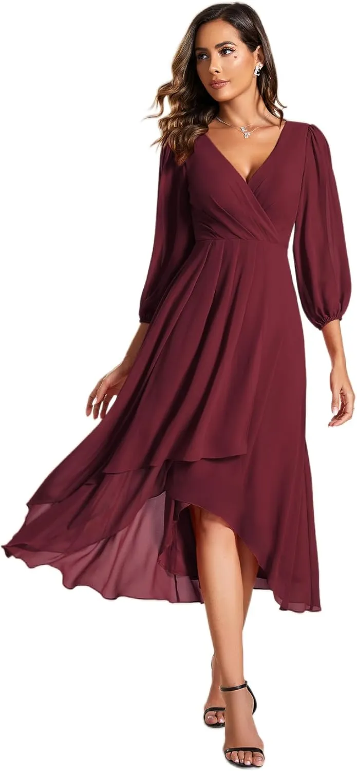 Ever-Pretty Women's Chiffon V Neck Long Sleeves Pleated A-Line Midi Length Wedding Guest Dress 01926