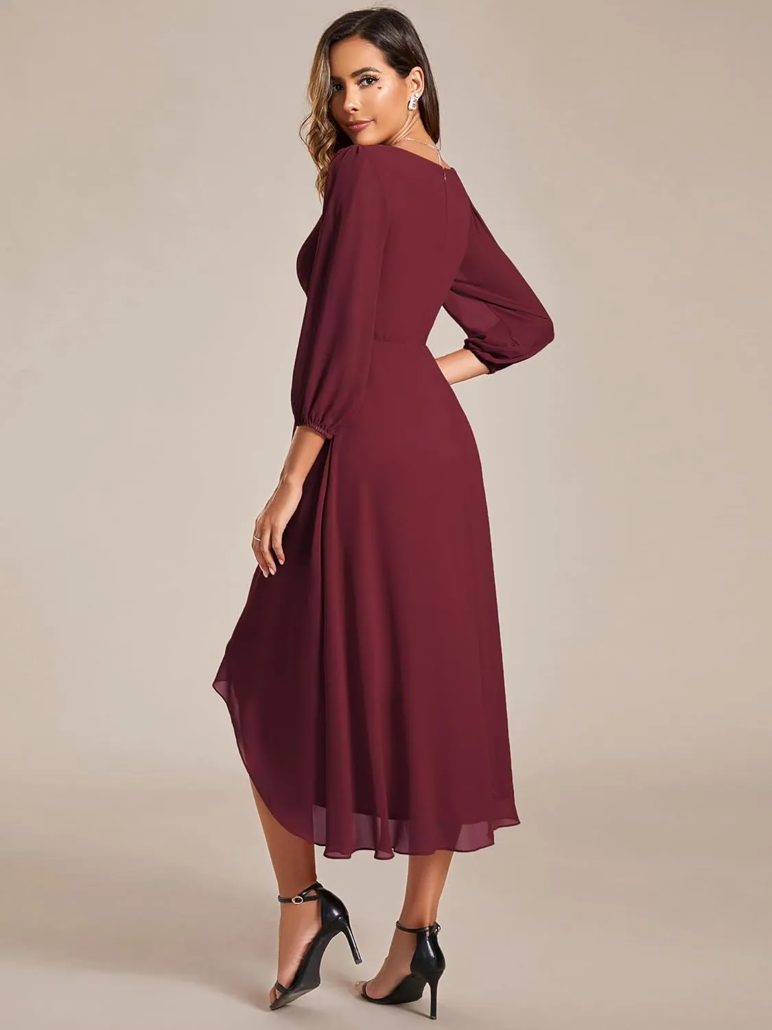 Ever-Pretty Women's Chiffon V Neck Long Sleeves Pleated A-Line Midi Length Wedding Guest Dress 01926