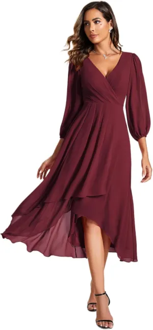 Ever-Pretty Women's Chiffon V Neck Long Sleeves Pleated A-Line Midi Length Wedding Guest Dress 01926