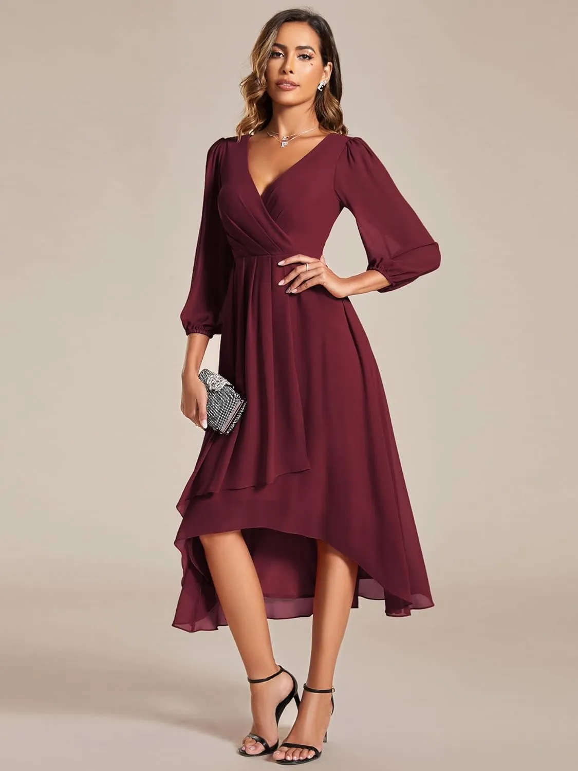Ever-Pretty Women's Chiffon V Neck Long Sleeves Pleated A-Line Midi Length Wedding Guest Dress 01926