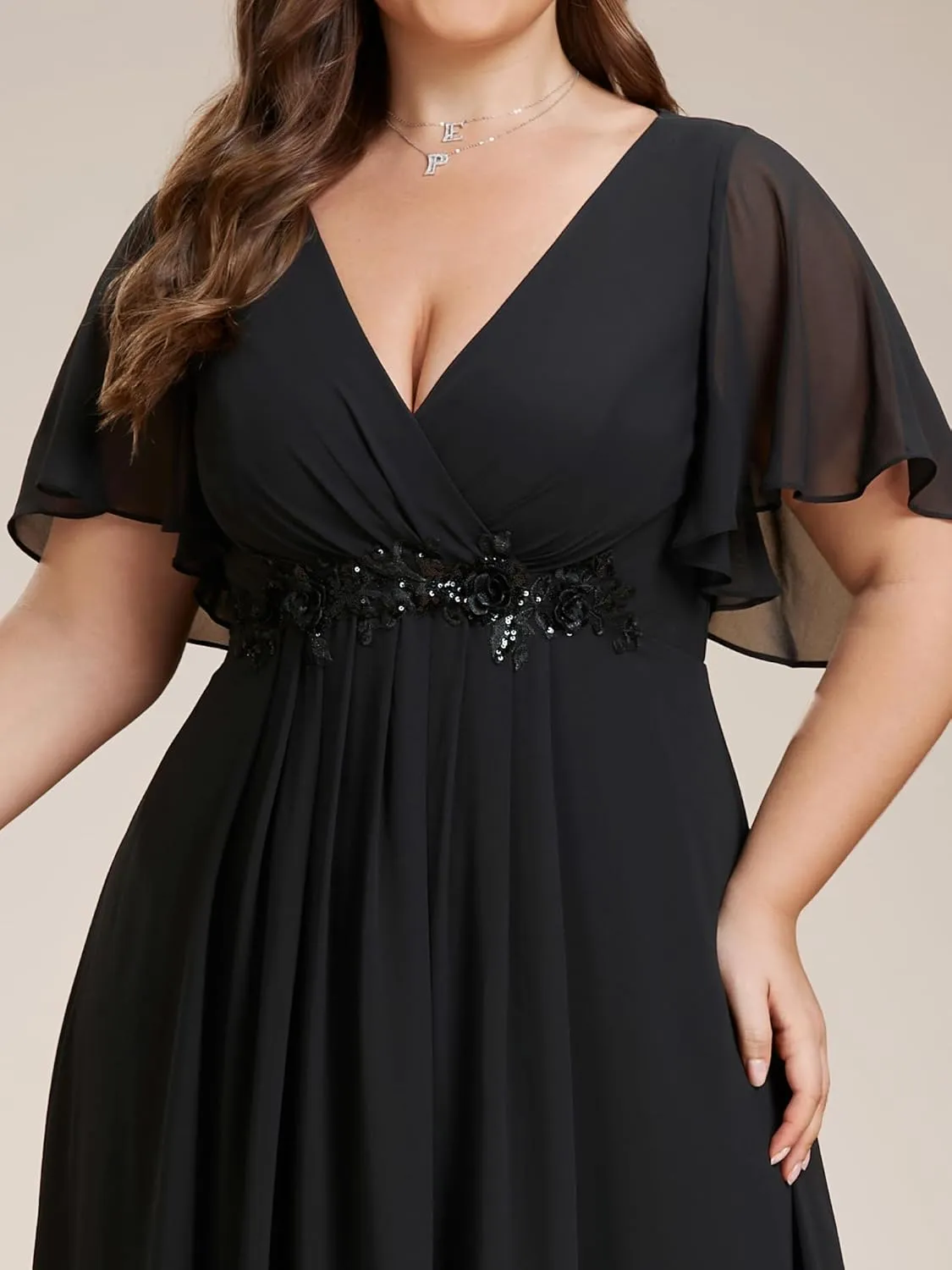 Ever-Pretty Women's Chiffon V Neck Short Sleeves Appliques Plus Size Dresses for Curvy Women Formal Dresses 01960-DA