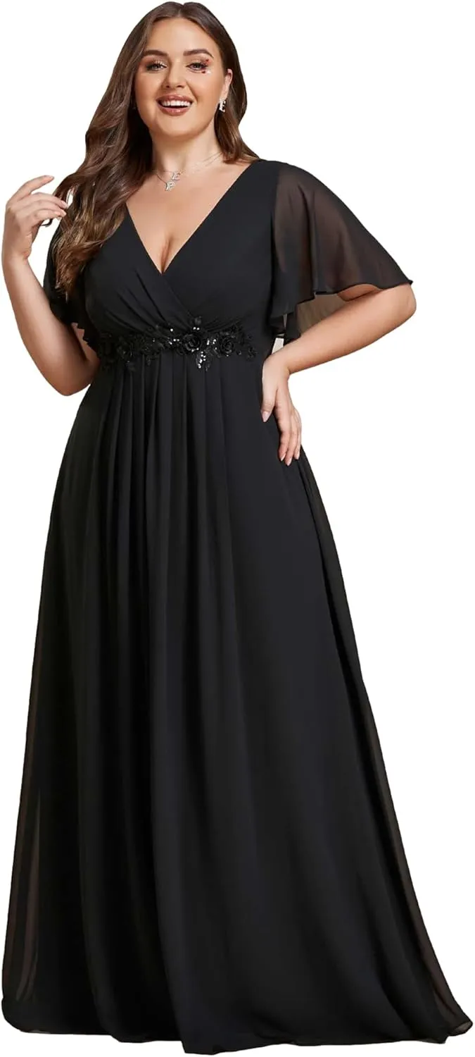 Ever-Pretty Women's Chiffon V Neck Short Sleeves Appliques Plus Size Dresses for Curvy Women Formal Dresses 01960-DA