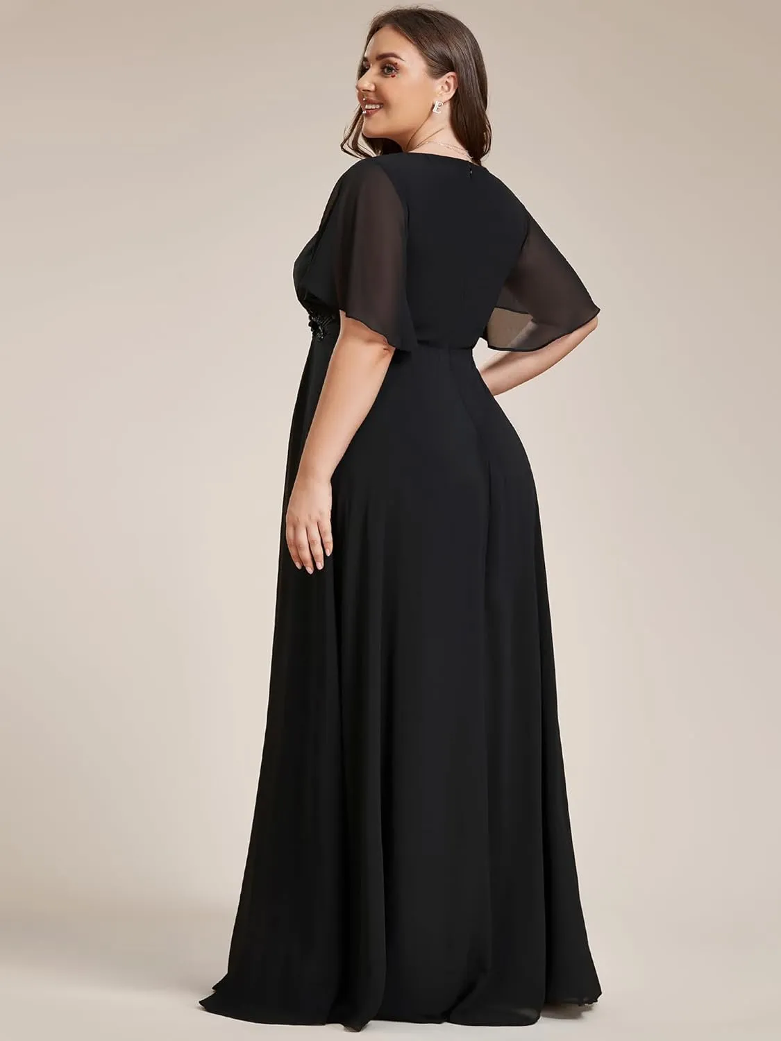Ever-Pretty Women's Chiffon V Neck Short Sleeves Appliques Plus Size Dresses for Curvy Women Formal Dresses 01960-DA