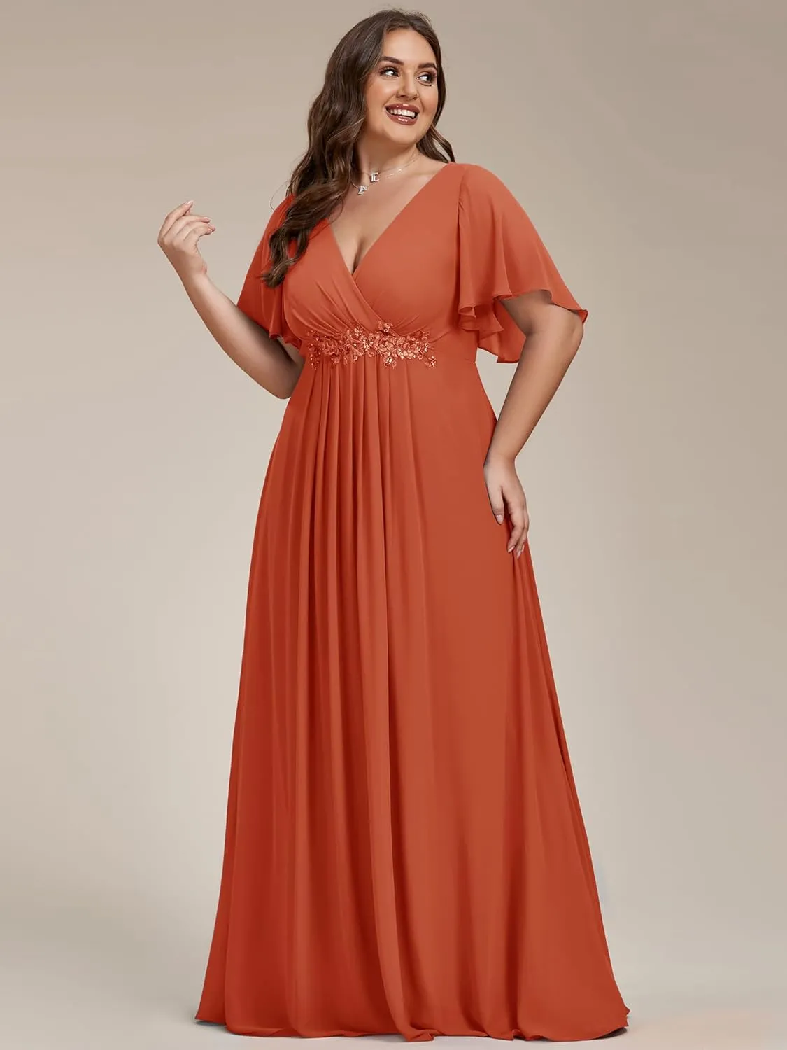Ever-Pretty Women's Chiffon V Neck Short Sleeves Appliques Plus Size Dresses for Curvy Women Formal Dresses 01960-DA
