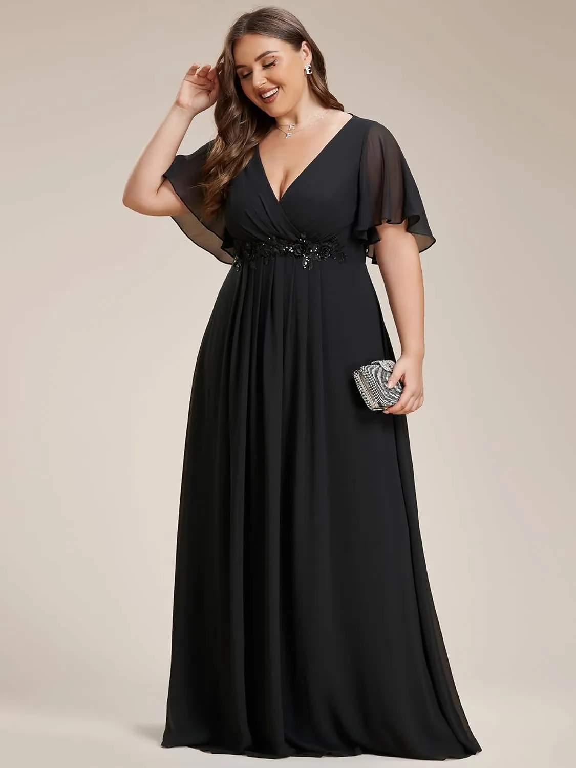 Ever-Pretty Women's Chiffon V Neck Short Sleeves Appliques Plus Size Dresses for Curvy Women Formal Dresses 01960-DA