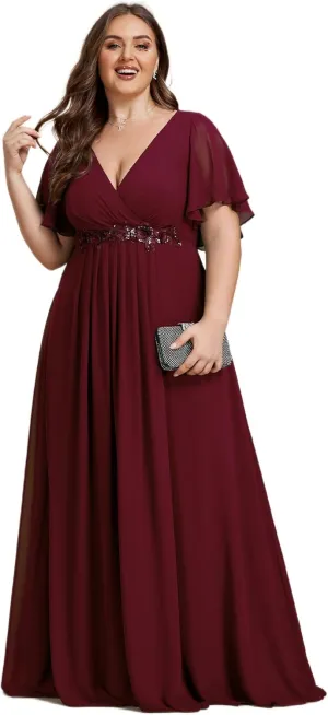 Ever-Pretty Women's Chiffon V Neck Short Sleeves Appliques Plus Size Dresses for Curvy Women Formal Dresses 01960-DA